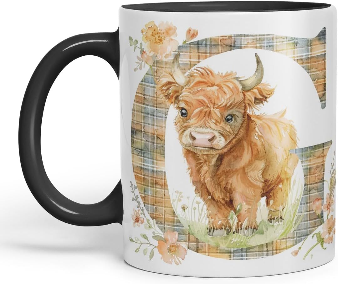 Vixar Highland Cow Alphabet Monogram Coloured Ceramic Cup Mug – Letter G – Rustic Farmhouse Animal Letter Gift – 11oz (Black)