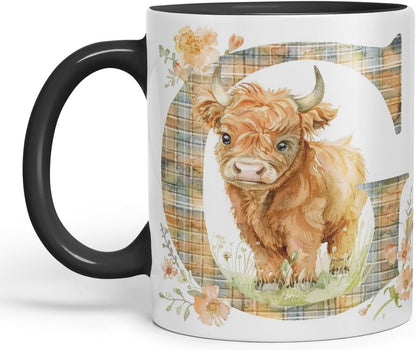Vixar Highland Cow Alphabet Monogram Coloured Ceramic Cup Mug – Letter G – Rustic Farmhouse Animal Letter Gift – 11oz (Black)