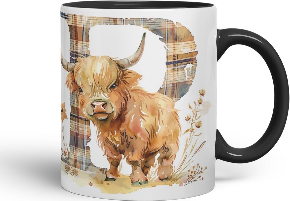Vixar Highland Cow Alphabet Monogram Coloured Ceramic Cup Mug – Letter P – Rustic Farmhouse Animal Letter Gift – 11oz (Black)