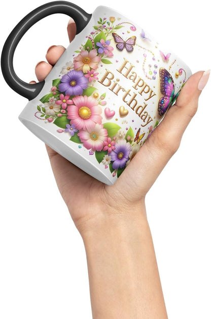 Vixar Happy Birthday Colourful Butterflies and Hearts Coloured Ceramic Mug Cup Gift 11oz V5 (Black)