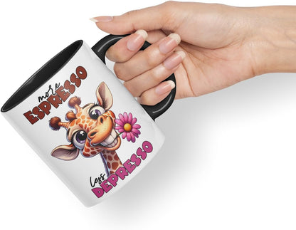 Vixar More Espresso, Less Depresso Sarcastic Giraffe Mug, Coloured Ceramic Cup 11oz (Black)