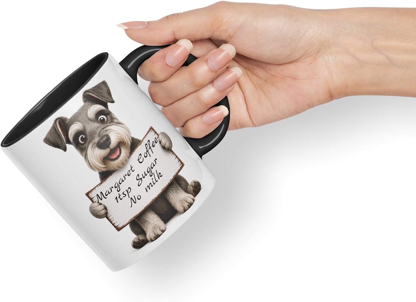 Vixar Personalised Schnauzer Mug with Name or Custom Message – Cute Animal Coloured Ceramic Mug Cup Gift, 11oz (Black)