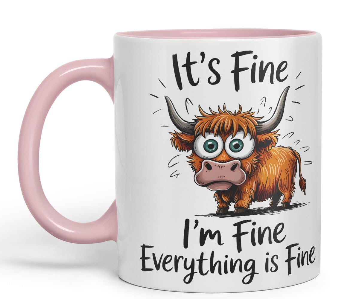 Vixar It's Fine I'm Fine Everything is ..., Highland Cow Scottish Joke Sarcastic Ceramic Coloured Mug Cup 330ml 11Oz (Black)