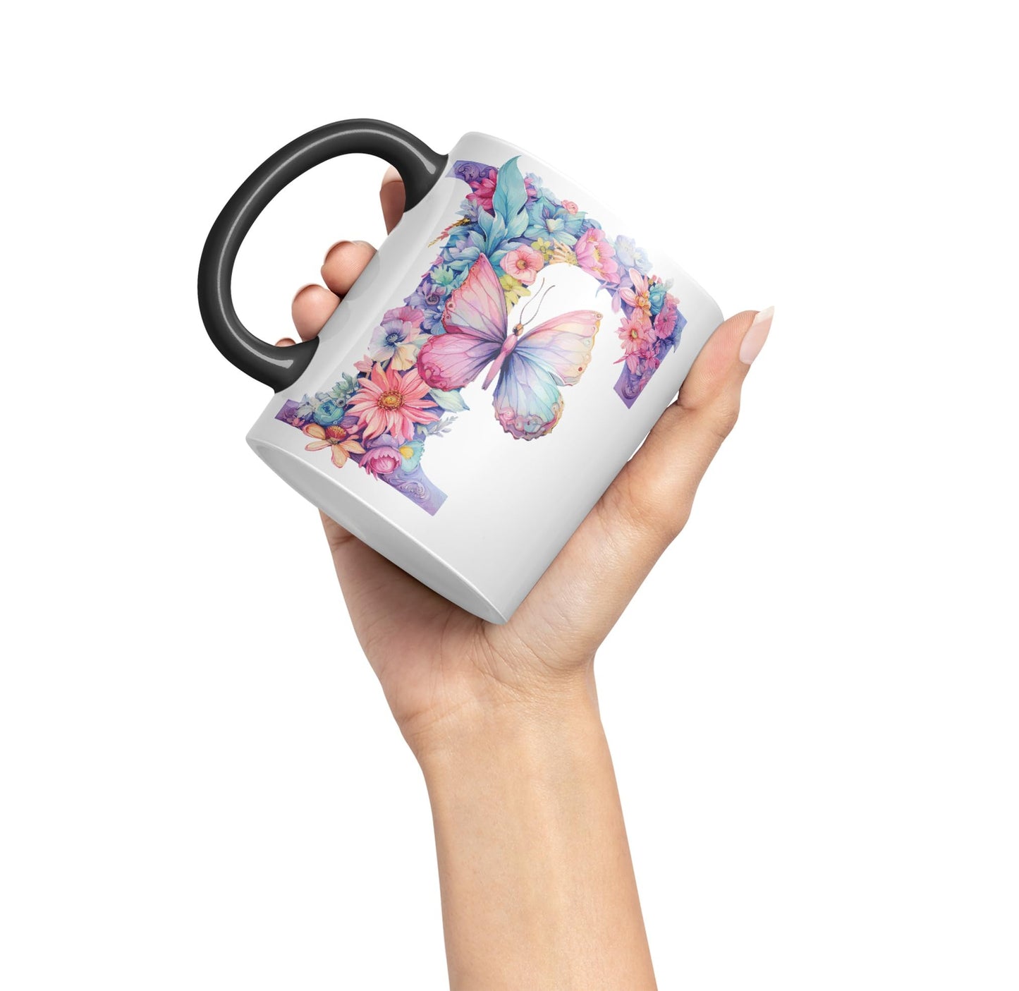 Letter F mug, Floral flowers butterfly Alphabet Letter F Monogram watercolour Ceramic Coloured Mug Cup for Tea Coffee Hot brew 330ml 11Oz Gift