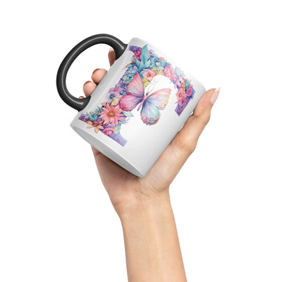 Letter F mug, Floral flowers butterfly Alphabet Letter F Monogram watercolour Ceramic Coloured Mug Cup for Tea Coffee Hot brew 330ml 11Oz Gift