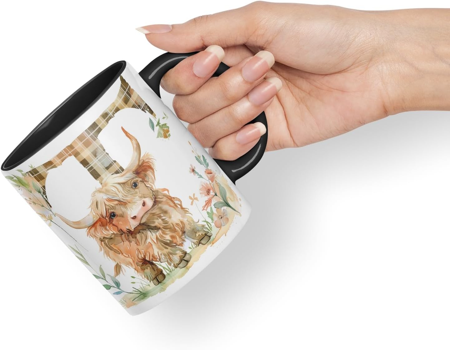 Vixar Highland Cow Alphabet Monogram Coloured Ceramic Cup Mug – Letter T – Rustic Farmhouse Animal Letter Gift – 11oz (Black)