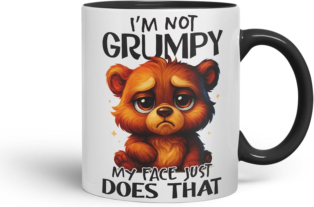 Vixar I'm Not Grumpy My Face Just Does that Funny Bear Mug – Coloured Ceramic Mug Cup Gift, 11oz (Black)
