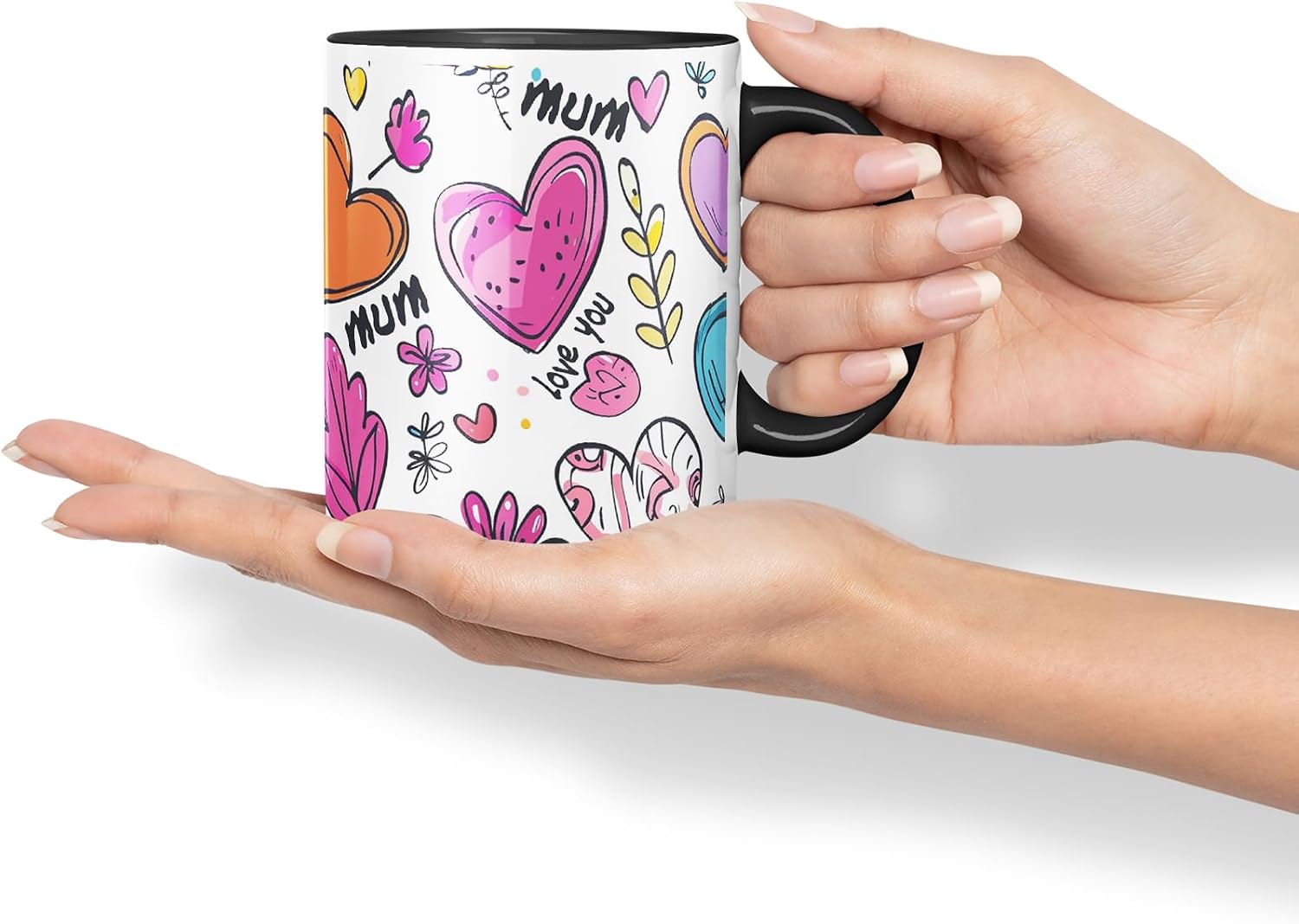 Vixar Mum Love You Colourful Hearts Pattern Mug – Coloured Ceramic Mug Cup Gift, 11oz (Black)