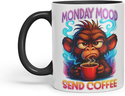 Vixar Monday Mood Send Coffee Funny Monkey Mug – Coloured Ceramic Mug Cup Gift, 11oz (Black)