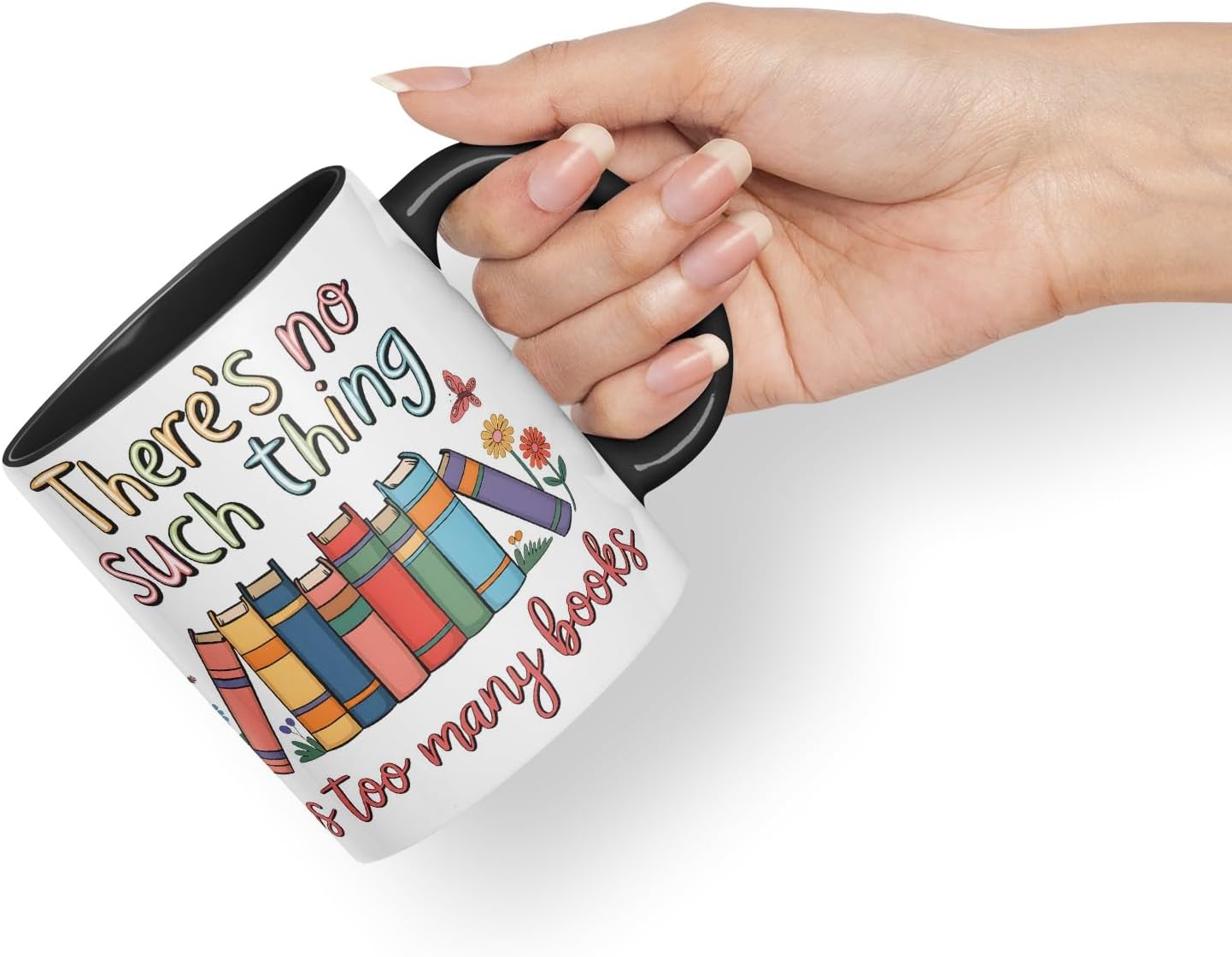 Vixar There's No Such Thing As Too Many Books (Pastel Version) Coloured Ceramic Mug Cup Gift, 11oz (Black)