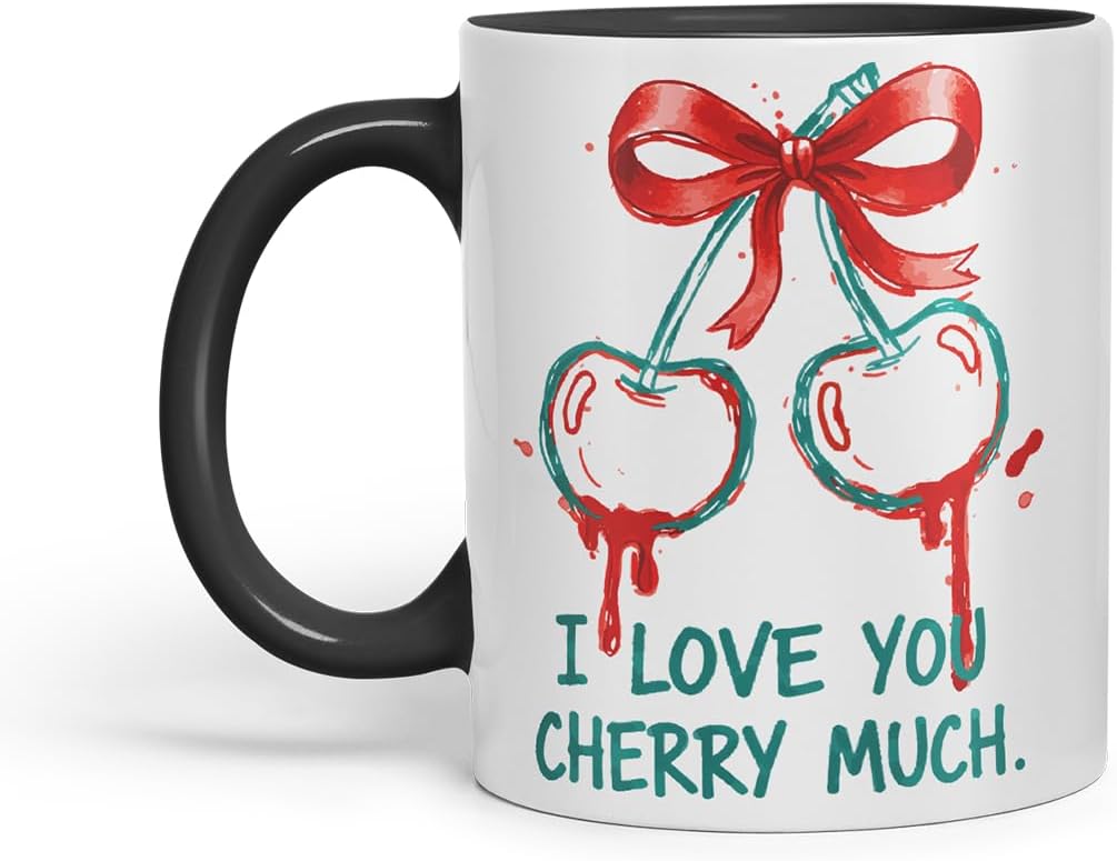 Vixar I Love You Cherry Much Mug – Coloured Ceramic Mug Cup Gift, 11oz (Black)