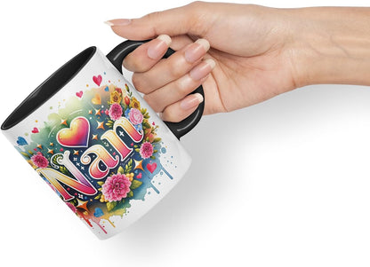 Vixar Nan Floral Watercolour Mug – Coloured Ceramic Mug Cup Gift, 11oz (Black)