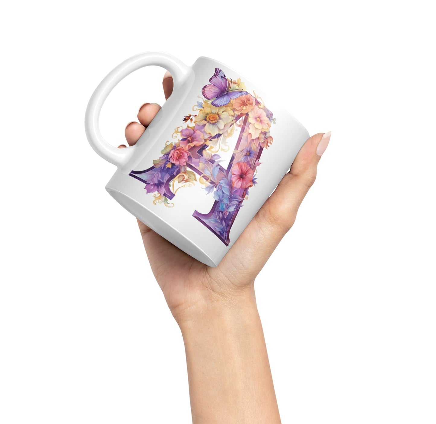 Letter A mug, Floral flowers butterfly Alphabet Letter A Monogram watercolour Ceramic Coloured Mug Cup for Tea Coffee Hot brew 330ml 11Oz Gift