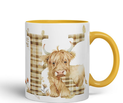 Vixar Highland Cow Alphabet Monogram Coloured Ceramic Cup Mug – Letter K – Rustic Farmhouse Animal Letter Gift – 11oz (Black)