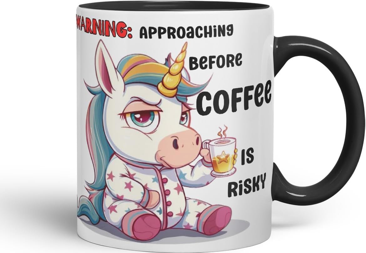 Vixar Warning Unicorn Coffee Mug – Approaching Before Coffee is Risky – Coloured Ceramic Mug Cup Gift, 11oz (Black)