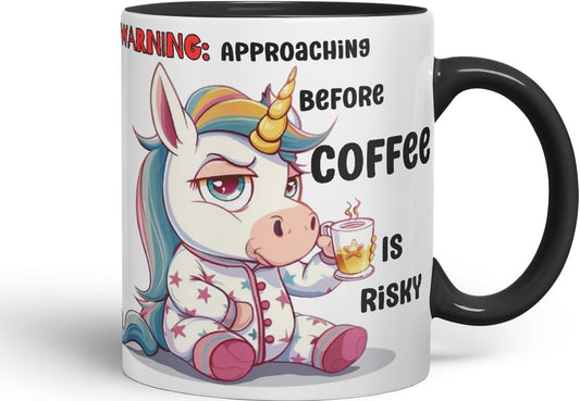 Vixar Warning Unicorn Coffee Mug – Approaching Before Coffee is Risky – Coloured Ceramic Mug Cup Gift, 11oz (Black)