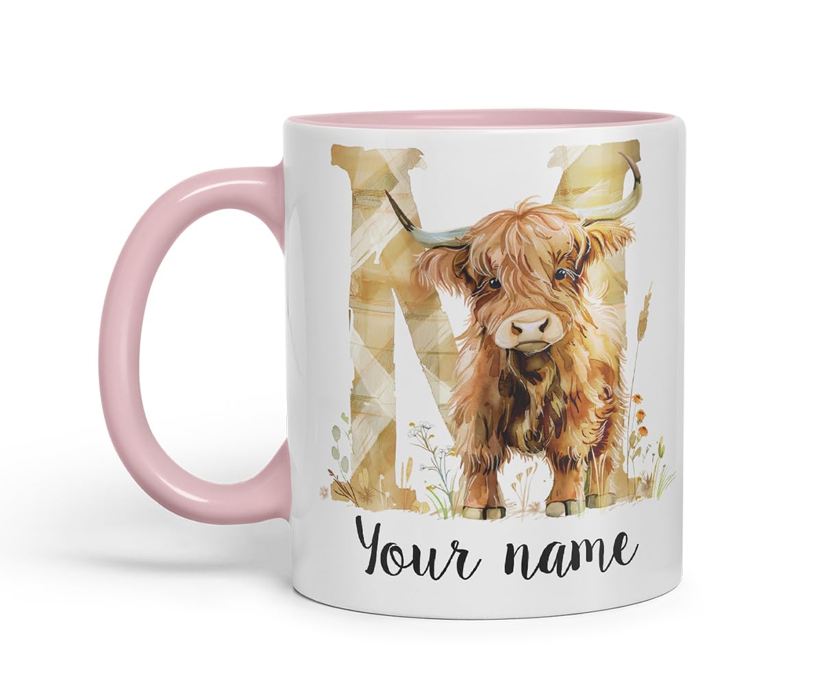 Vixar Personalised Highland Cow Initial Letter M Custom Name Mug – Coloured Ceramic Mug Cup Gift, 11oz (Black)