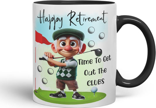 Vixar Happy Retirement Golf Mug – Time to Get Out The Clubs – Coloured Ceramic Mug Cup Gift, 11oz (Black)