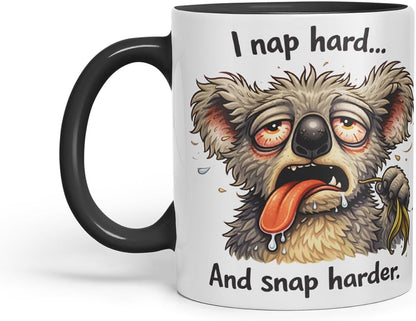 Vixar I Nap Hard and Snap Harder Funny Koala Mug – Coloured Ceramic Mug Cup Gift, 11oz (Black)