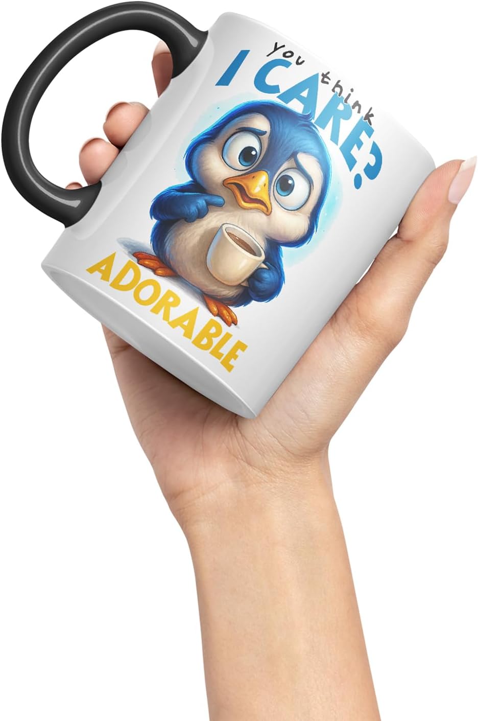 Vixar You Think I Care Adorable Sarcastic Penguin – Coloured Ceramic Mug Cup Gift, 11oz (Black)