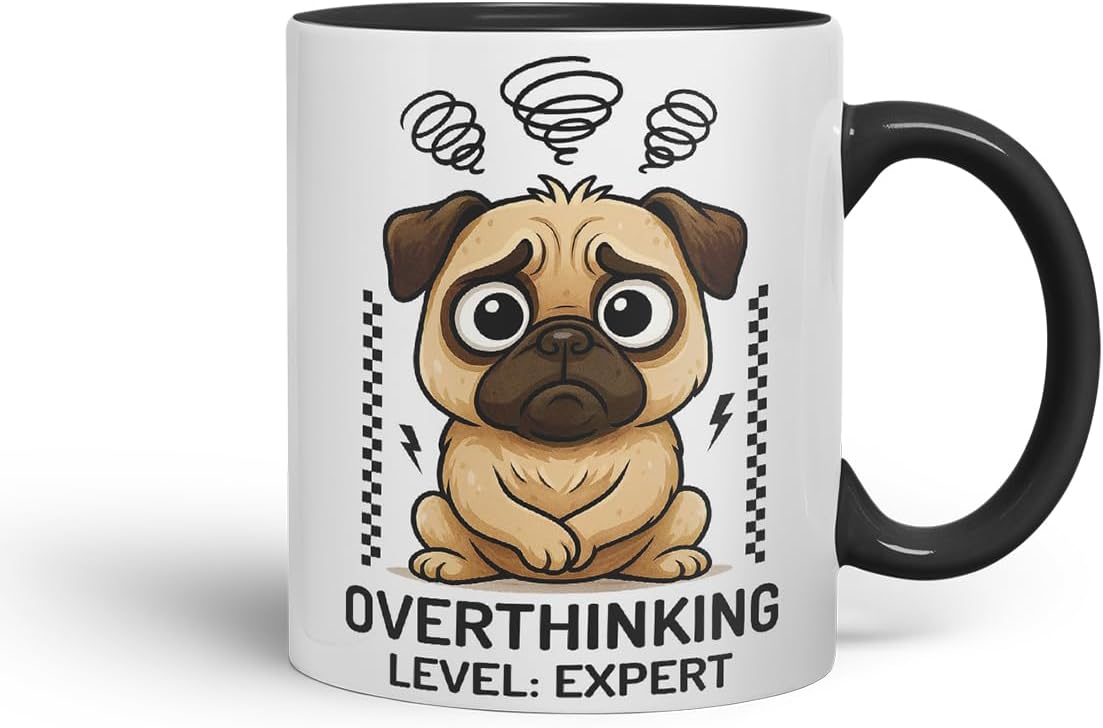 Vixar Overthinking Level Expert Pug Dog Mug – Coloured Ceramic Mug Cup Gift, 11oz (Black)