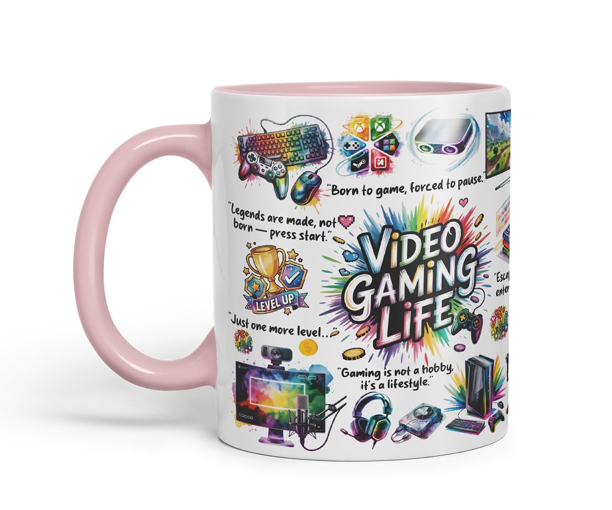 Video Gaming Life Mug – Coloured Ceramic Mug Cup Gift, 11oz (Black)