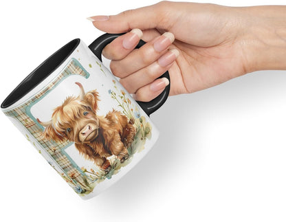 Vixar Highland Cow Alphabet Monogram Coloured Ceramic Cup Mug – Letter F – Rustic Farmhouse Animal Letter Gift – 11oz (Black)