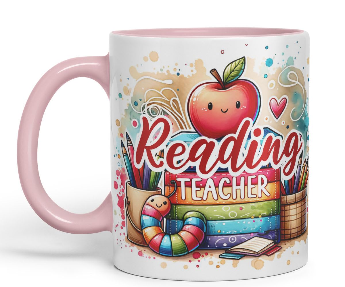 Vixar Reading Teacher Mug Thank You, End of School Gift Ceramic Coloured Mug Cup for Tea Coffee Hot Brew 330ml 11Oz Gift