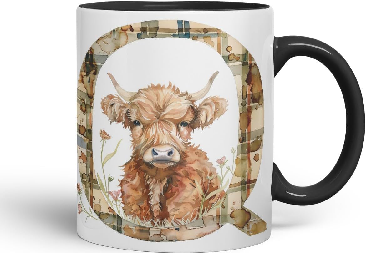 Vixar Highland Cow Alphabet Monogram Coloured Ceramic Cup Mug – Letter Q – Rustic Farmhouse Animal Letter Gift – 11oz (Black)