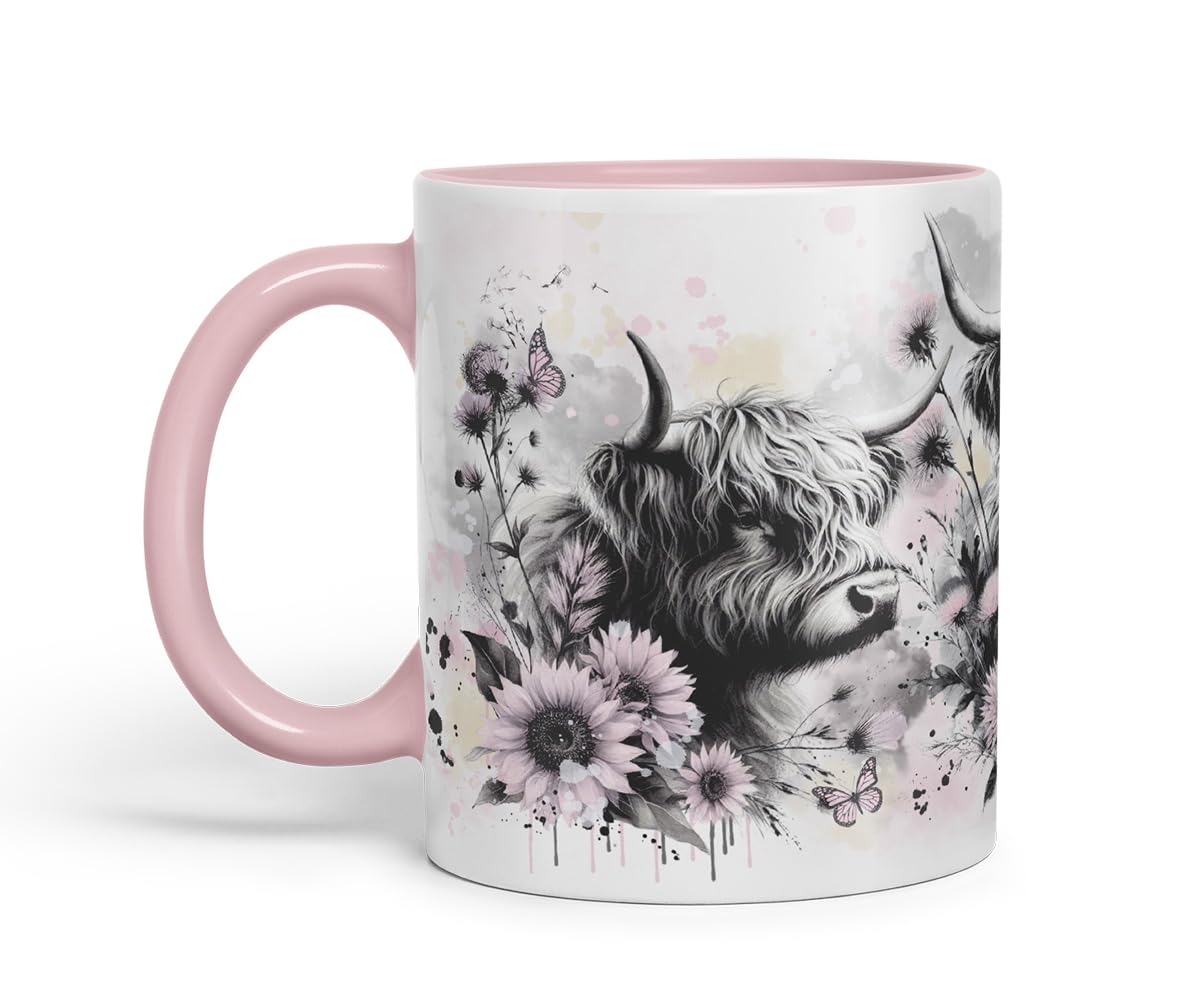 Vixar Highland Cows Flowers Mug – Coloured Ceramic Mug Cup Gift, 11oz (Black)