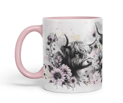 Vixar Highland Cows Flowers Mug – Coloured Ceramic Mug Cup Gift, 11oz (Black)