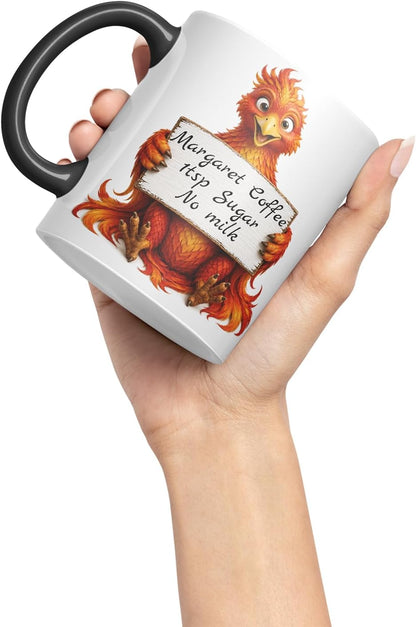 Vixar Personalised Phoenix Mug with Name or Custom Message – Cute Animal Coloured Ceramic Mug Cup Gift, 11oz (Black)