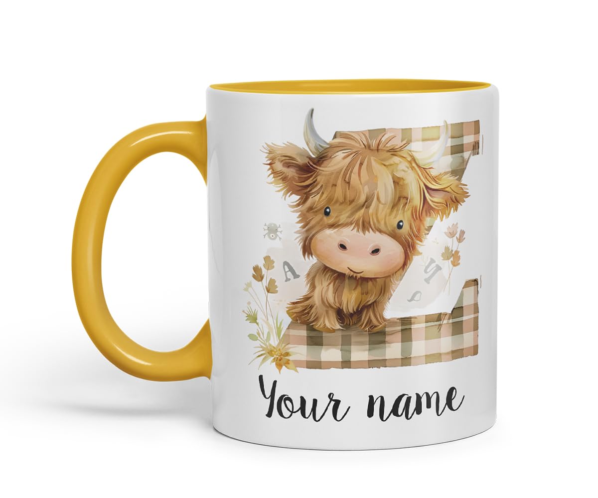 Vixar Personalised Highland Cow Initial Letter Z Custom Name Mug – Coloured Ceramic Mug Cup Gift, 11oz (Black)