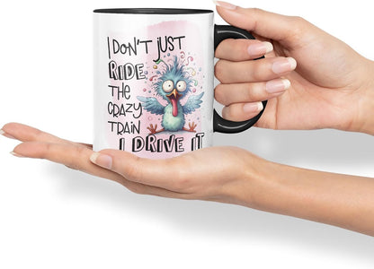 Vixar I Don’t Just Ride The Crazy Train, I Drive It – Coloured Ceramic Mug Cup Gift, 11oz (Black)