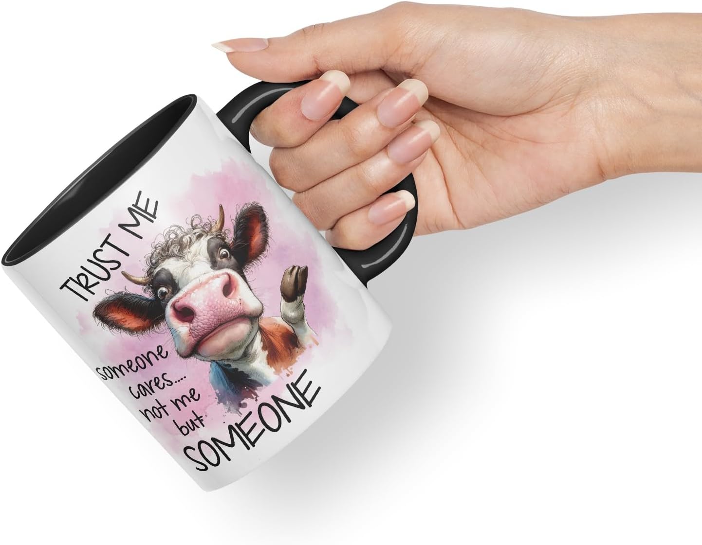 Vixar Trust Me Someone Cares Not Me But Someone Sarcastic Cow Coloured Ceramic Mug Cup Gift, 11oz (Black)