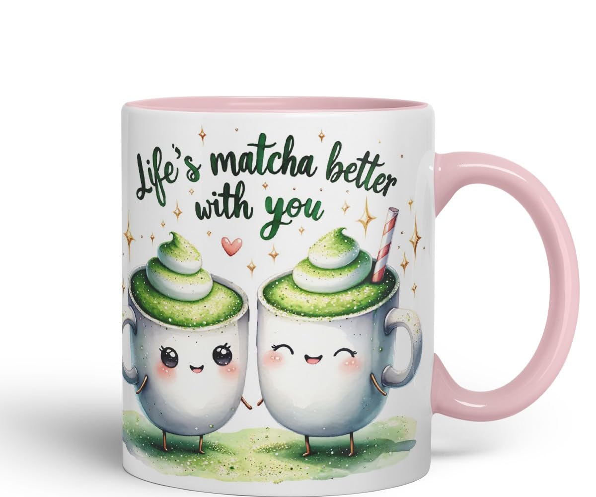 Vixar Life’s Matcha Better with You Coloured Ceramic Cup Mug – Cute Matcha Lovers Gift for Couple, Friends or Partner – 11oz (Black)