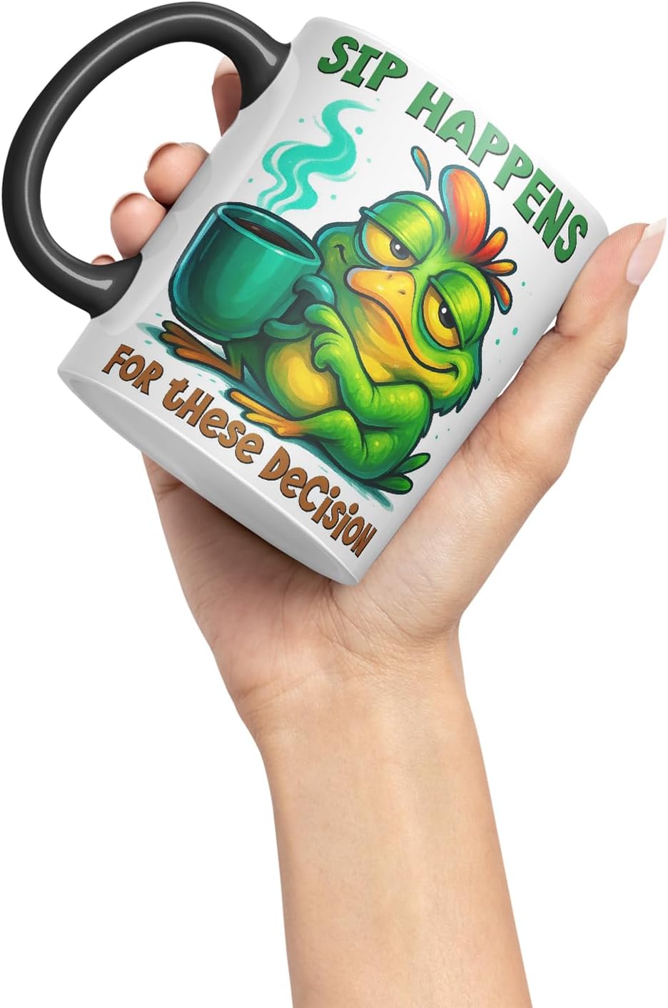 Vixar Sip Happens for These Decisions Funny Frog Coffee Mug – Coloured Ceramic Mug Cup Gift, 11oz (Black)