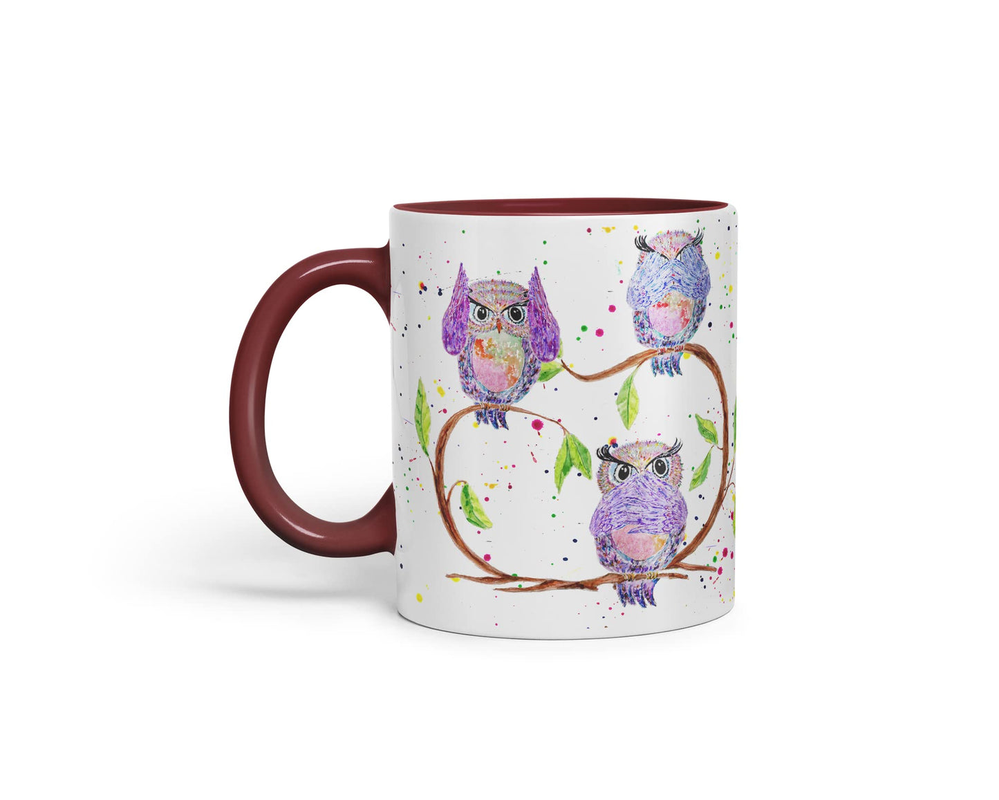 Vixar Owl Owls See Hear Speak no Evil Bird Animals Watercolour Art Coloured Mug Cup Gift Birthday Work Office Tea Coffee