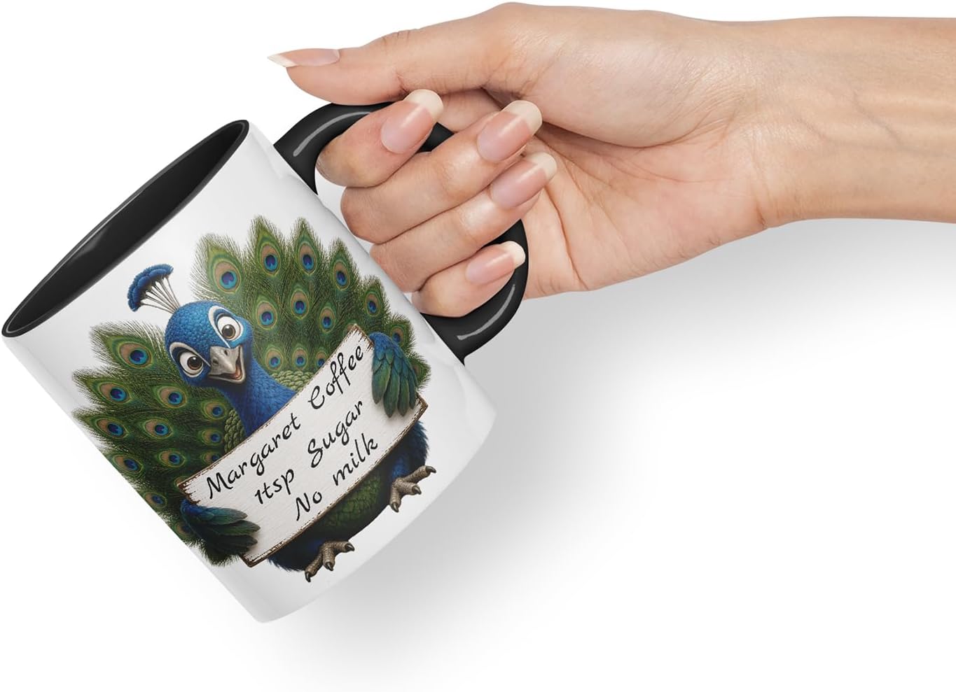 Vixar Personalised Peacock Mug with Name or Custom Message – Cute Animal Coloured Ceramic Mug Cup Gift, 11oz (Black)