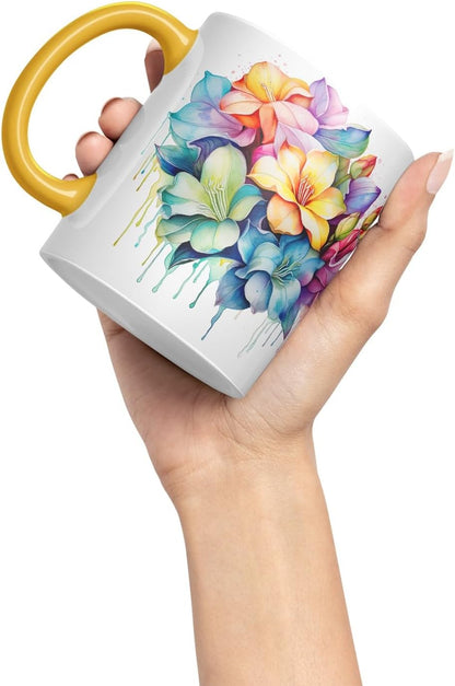 Vixar Gardenia Classic Floral Mug Coloured Ceramic Mug Cup Gift, 11oz (Gold Yellow)