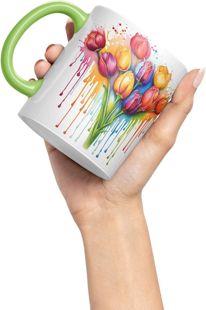 Vixar Tulip Spring Garden Mug Coloured Ceramic Mug Cup Gift, 11oz (Light Green)