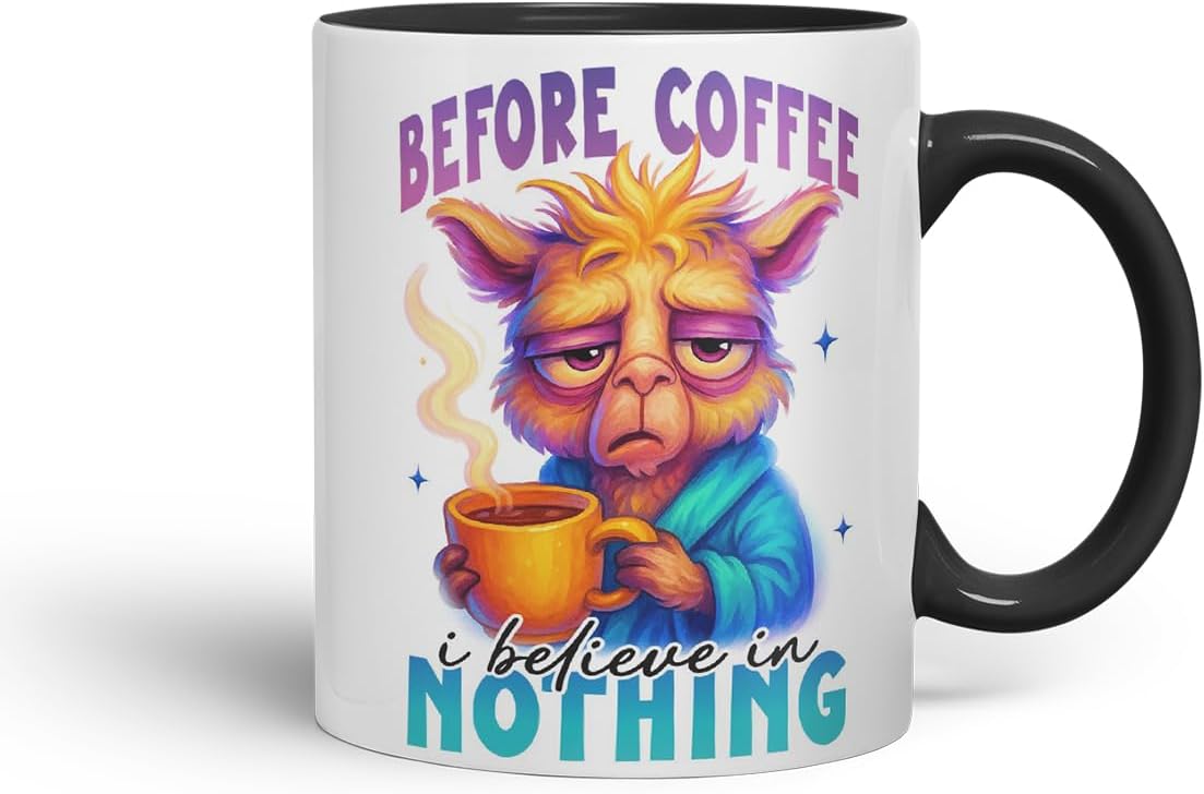 Vixar Before Coffee I Believe in Nothing Funny Llama Mug – Coloured Ceramic Mug Cup Gift, 11oz (Black)