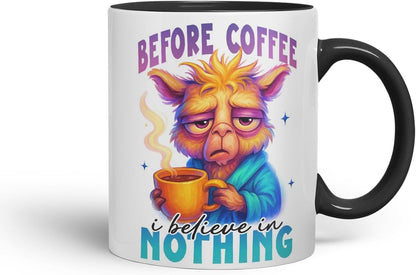 Vixar Before Coffee I Believe in Nothing Funny Llama Mug – Coloured Ceramic Mug Cup Gift, 11oz (Black)