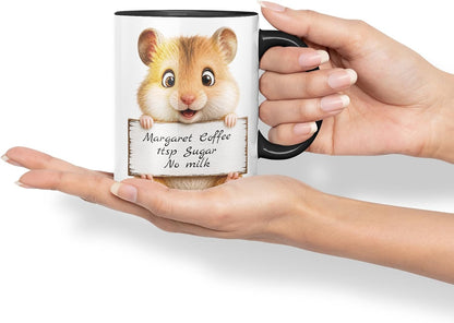 Vixar Personalised Hamster Mug with Name or Custom Message – Cute Animal Coloured Ceramic Mug Cup Gift, 11oz (Black)