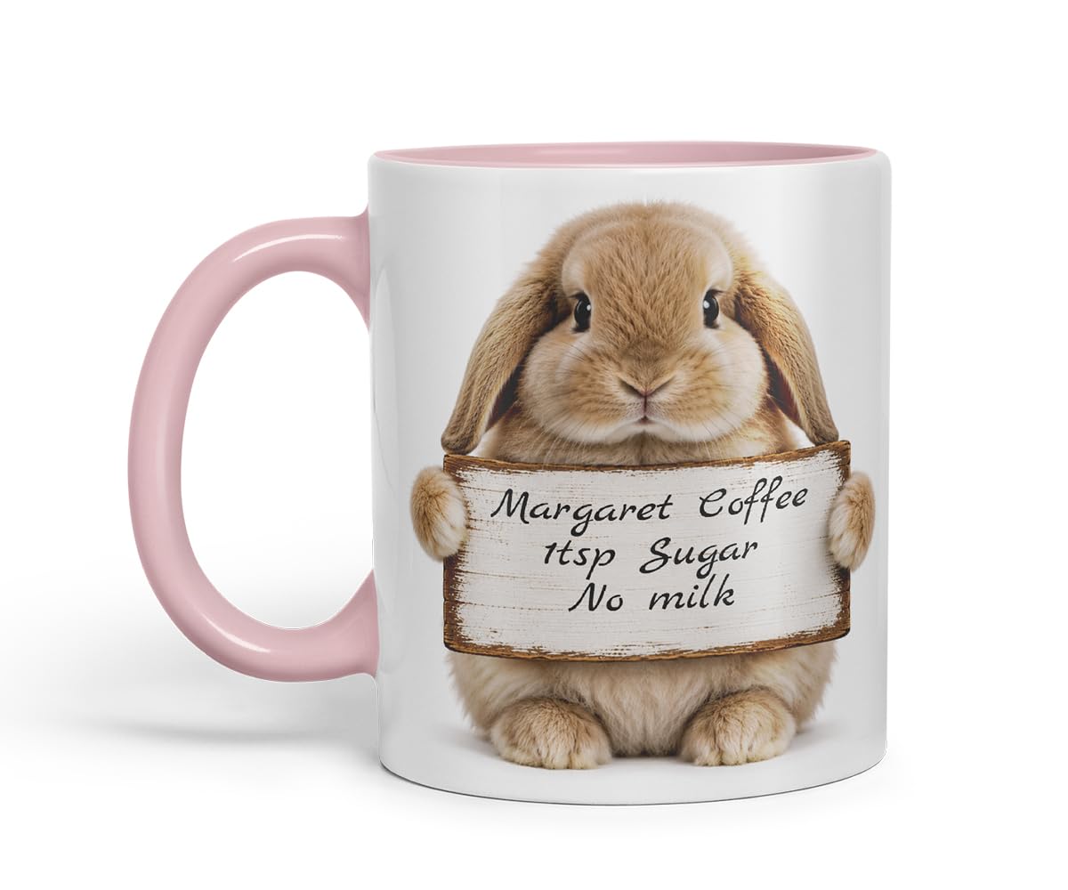 Vixar Personalised Lop Rabbit Mug with Name or Custom Message – Cute Animal Coloured Ceramic Mug Cup Gift, 11oz (Black)