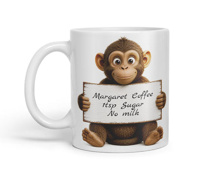 Vixar Personalised Monkey Mug with Name or Custom Message – Cute Animal Coloured Ceramic Mug Cup Gift, 11oz (Black)