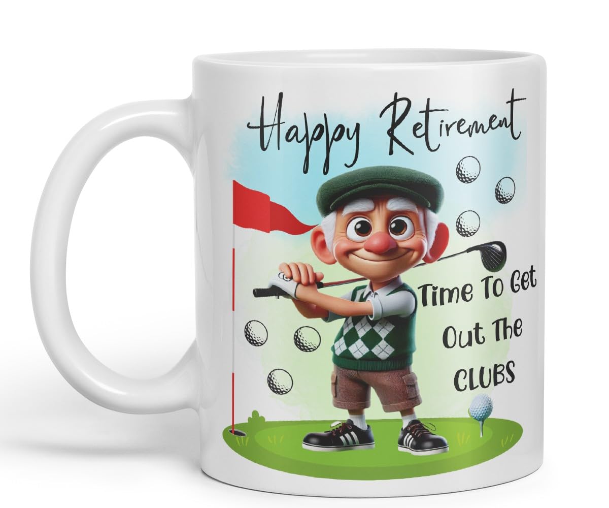 Vixar Happy Retirement Golf Mug – Time to Get Out The Clubs – Coloured Ceramic Mug Cup Gift, 11oz (Black)