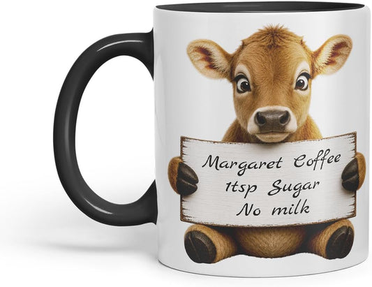 Vixar Personalised Jersey Cow Mug with Name or Custom Message – Cute Animal Coloured Ceramic Mug Cup Gift, 11oz (Black)