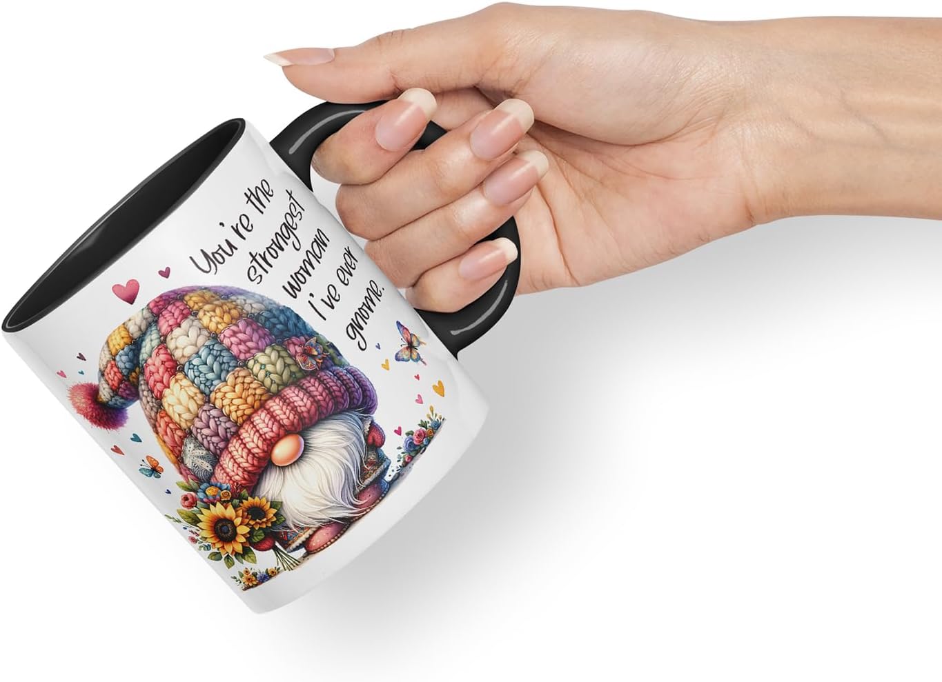 Vixar You're the Strongest Woman I've Ever Gnome Mom Mother Mum Mug – Coloured Ceramic Mug Cup Gift, 11oz (Black)