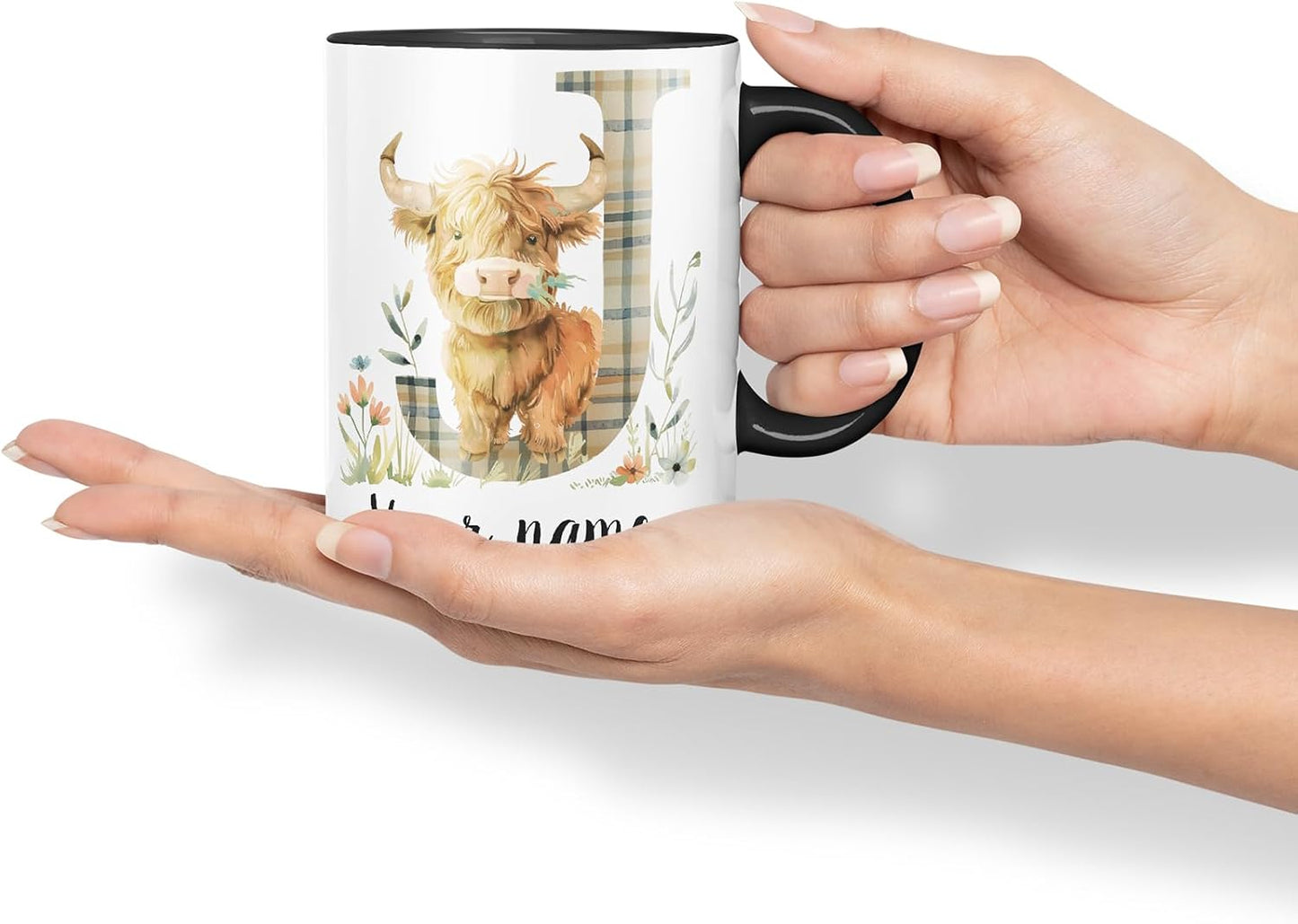 Vixar Personalised Highland Cow Initial Letter J Custom Name Mug – Coloured Ceramic Mug Cup Gift, 11oz (Black)